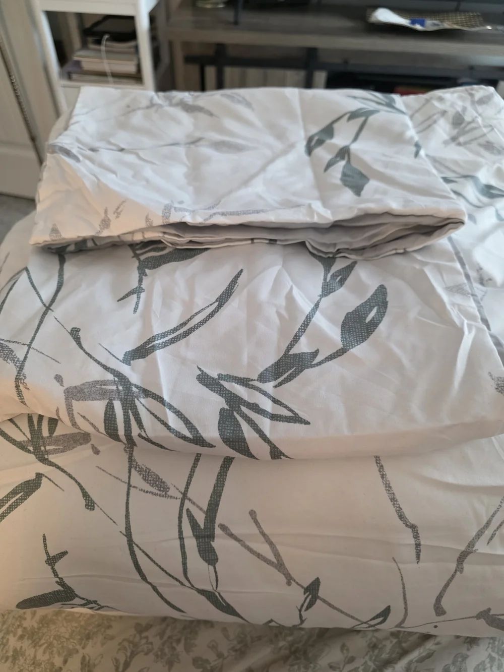 Kenneth Cole Reaction White Comforter with Sage Leaf Print and Light Green Throw